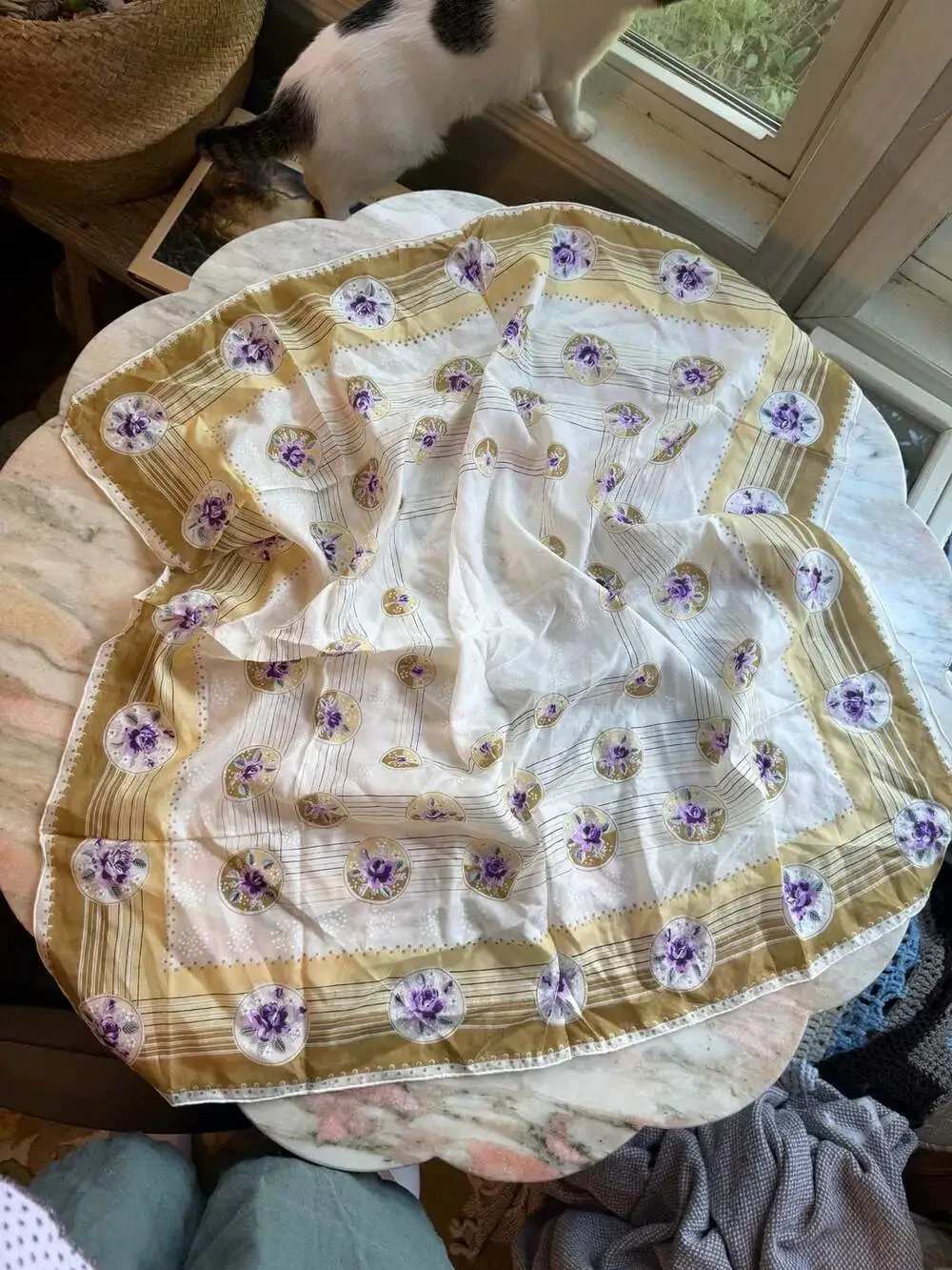 Vintage Floral Print Square Silk Scarf with Gold Border and Purple Roses